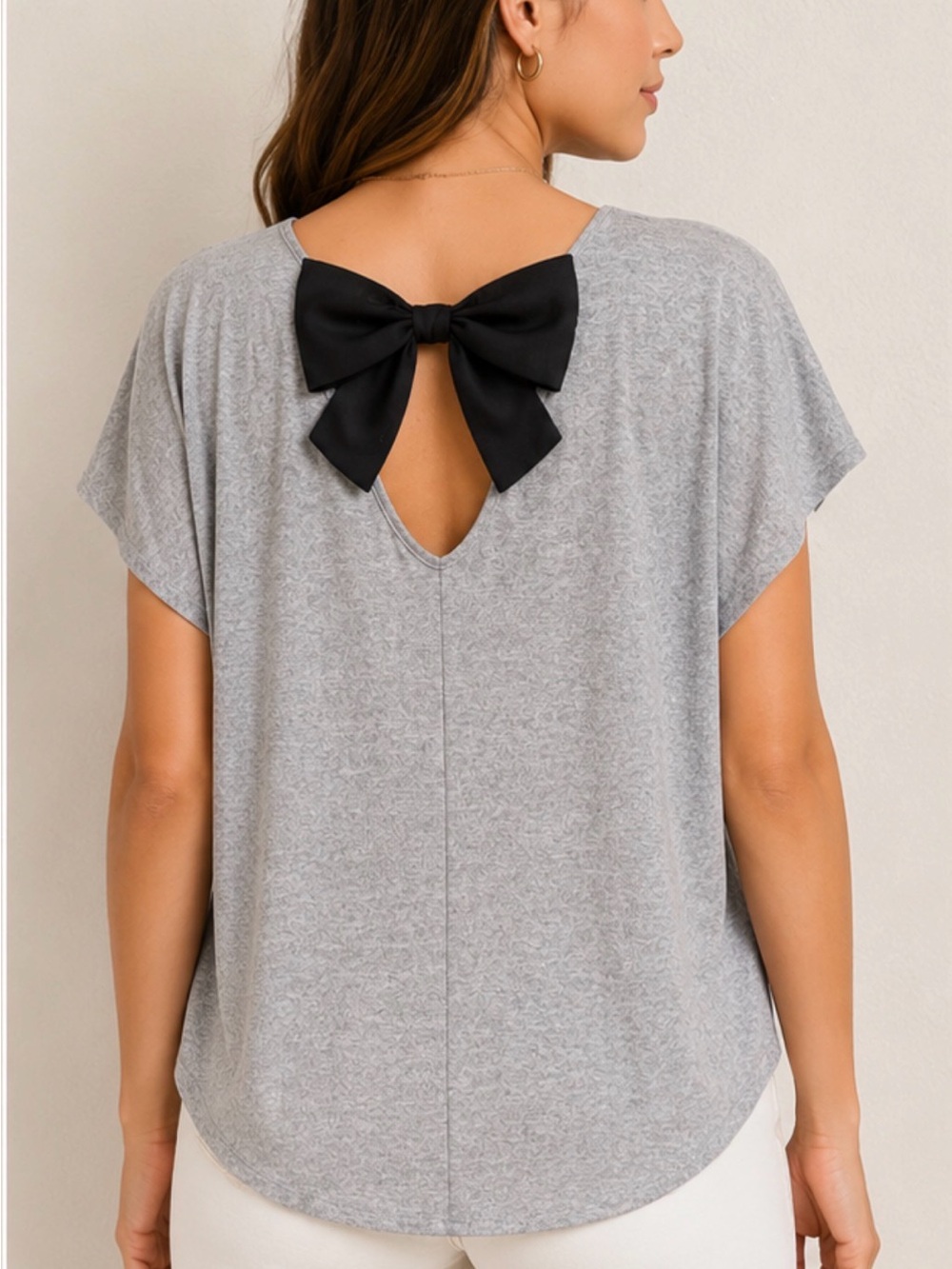 Tempted Light Gray Scoop Neck Short Sleeve Top with Back Tie 1XL